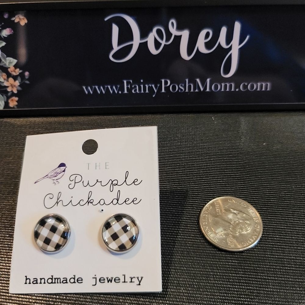 White Plaid Cabochon 12mm Earrings